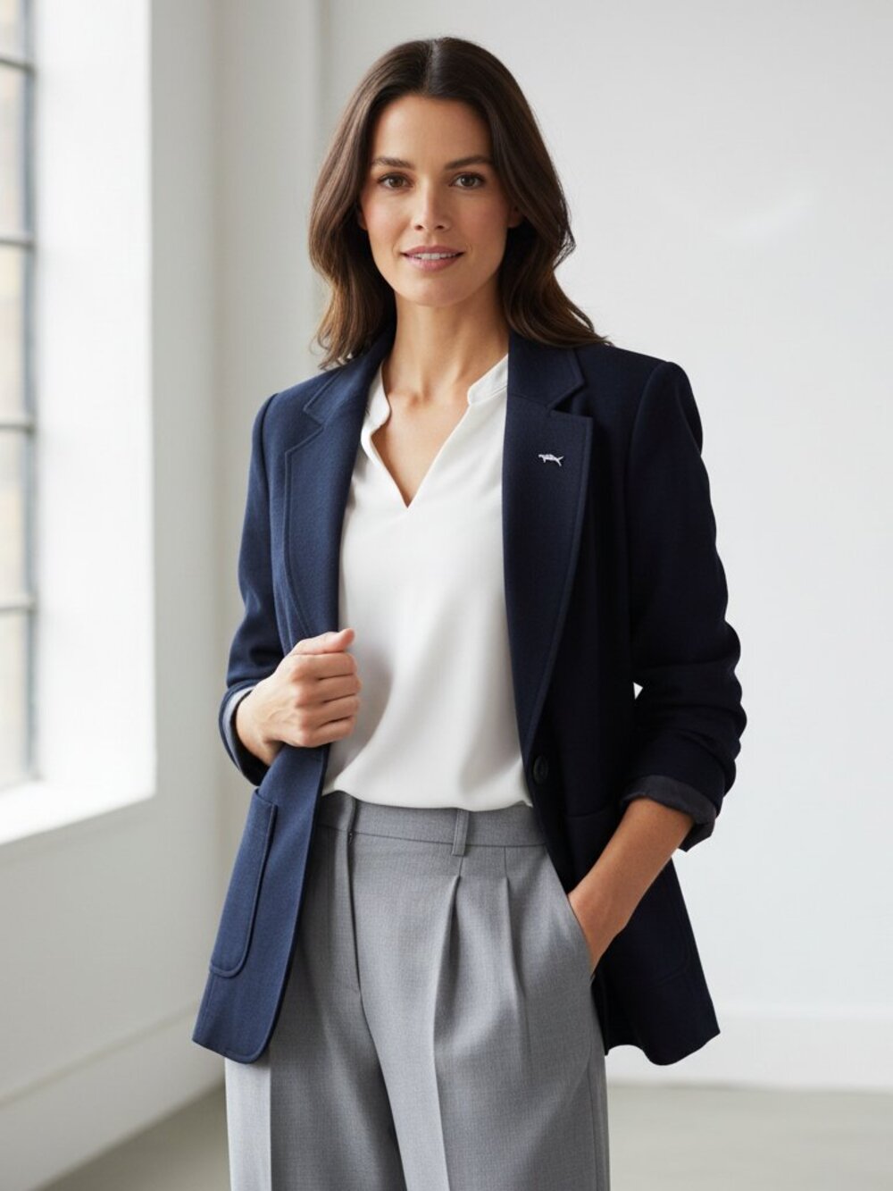 Amanda & Chelsea One Button Blazer Navy Med Business Casual Jacket NWT